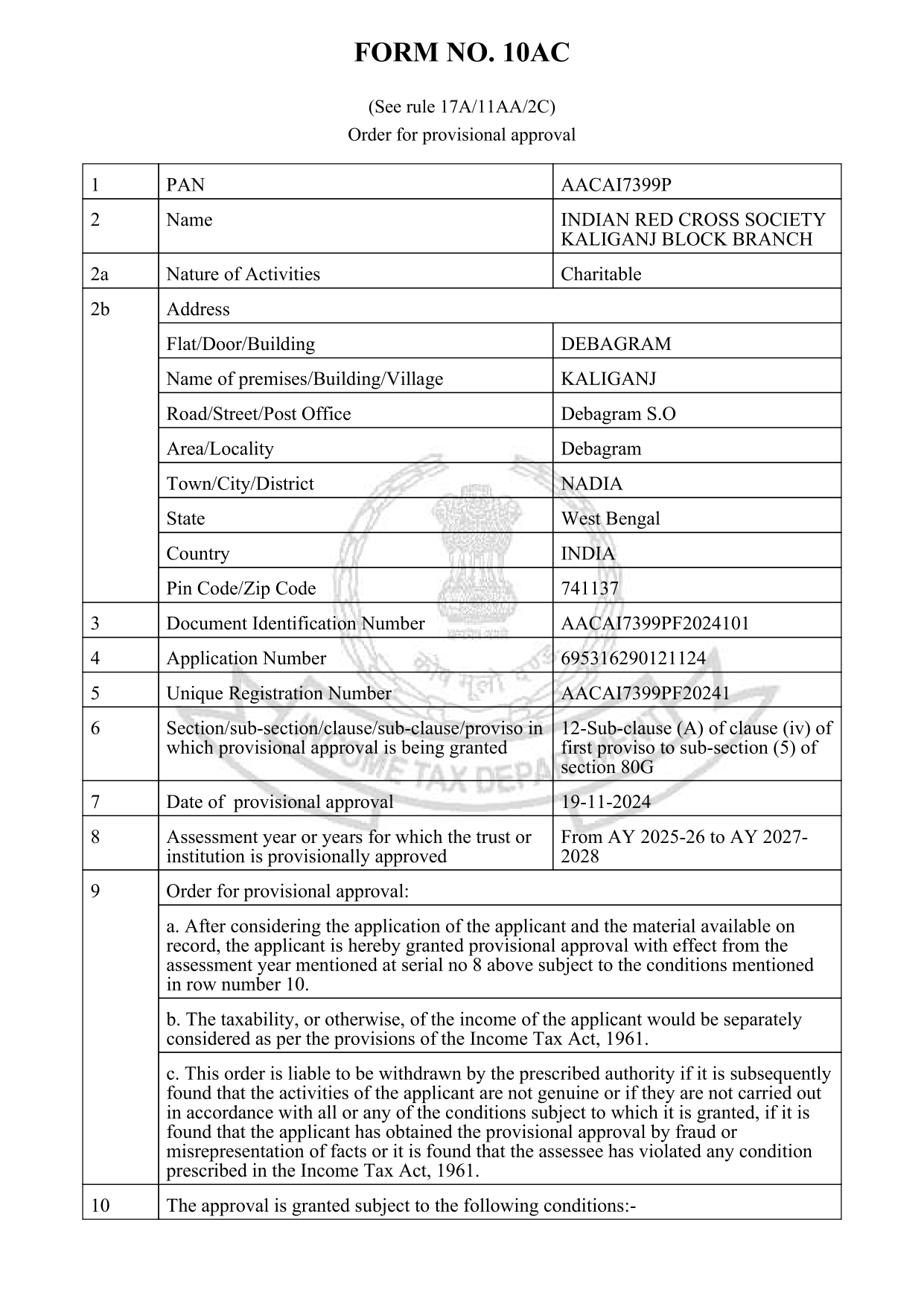 80G Tax Exemption Certificate